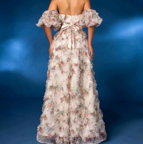 Elegant Off-Shoulder Detachable Puff Sleeve Floral Mesh Gown Elegant Dress - Picture 5 of 7